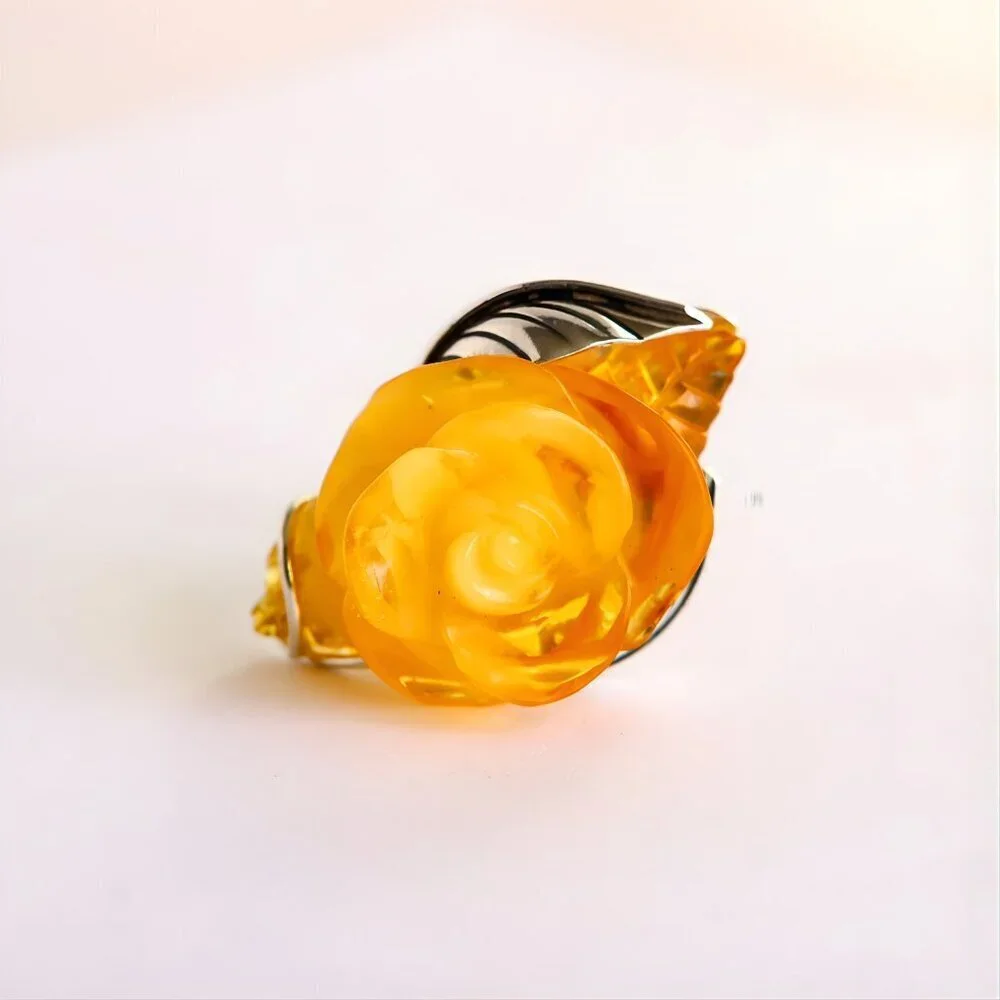 Baltic Amber Ring - Hand-Carved Rose Ring in Sterling Silver